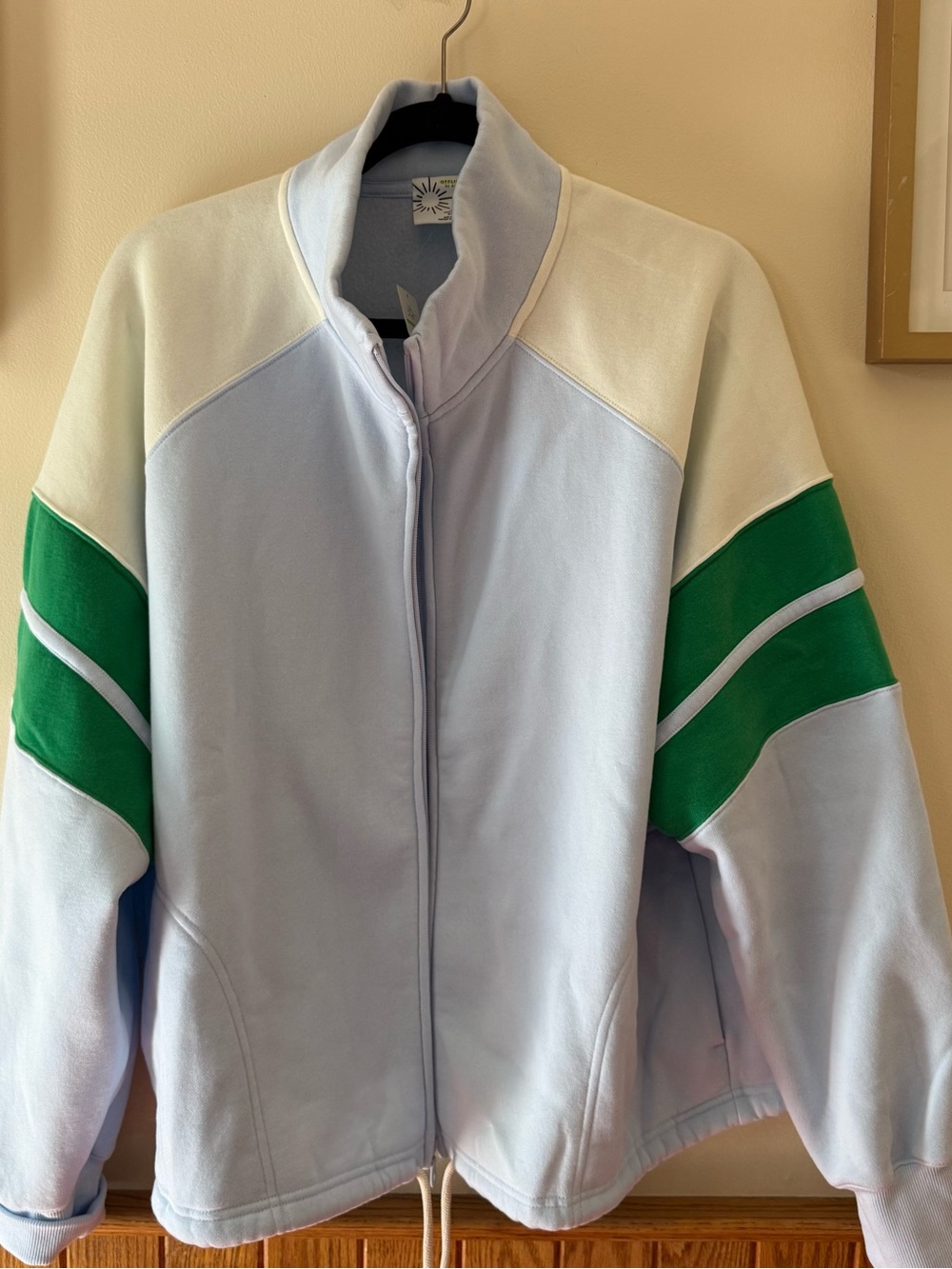 aerie Pastel Blue and White Zip-Up Sweatshirt with Green Sleeve Stripes